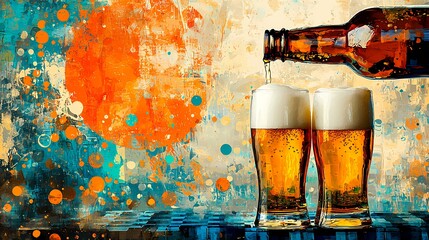 Two glasses of beer being filled, with an abstract colorful background.