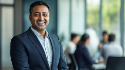 Fototapeta premium A confident Asian Indian businessman wearing a suit stands proudly with a smile in a sleek, modern office, surrounded by colleagues engaged in conversation