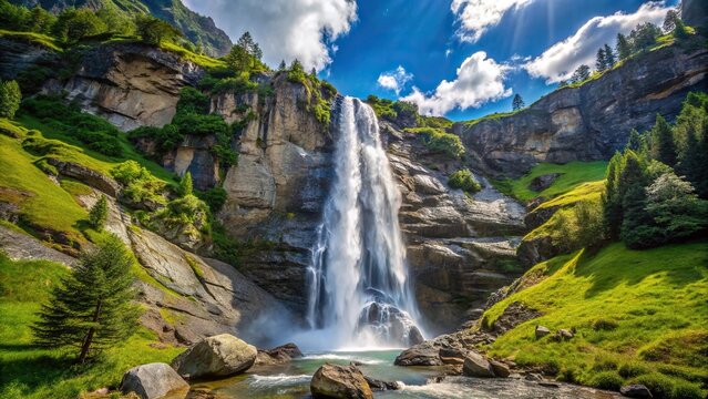 Scenic view of waterfall in The Bavona Swiss Alpine Valley from a worm's eye view