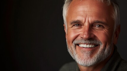 Fototapeta premium An older man with salt and pepper hair and a warm smile proudly displays his healthy teeth in a midclose view, exuding confidence and charm