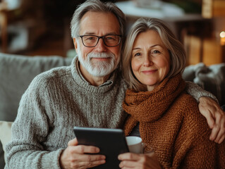 Happy Senior Couple Relaxing at Home with Tablet and Coffee, Smiling Mature old man and lady Enjoying a Cozy Morning Indoors Living Room Together with iPad Technology, elderly  woman grandpa grandma - Powered by Adobe