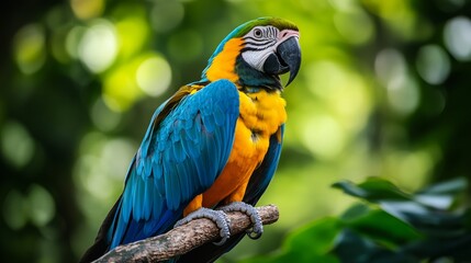 A colorful macaw sits gracefully on a branch, its vivid feathers and sharp details contrasting beautifully with the surrounding blurred greenery