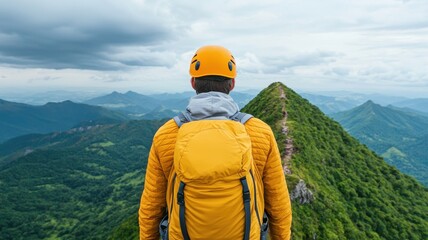 An adventurous hiker admires the stunning mountain view while wearing a yellow helmet and backpack on a cloudy day.