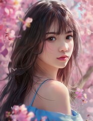 Fototapeta premium An anime-style illustration of an extremely beautiful Japanese girl with long brown hair and bangs, wearing a blue dress