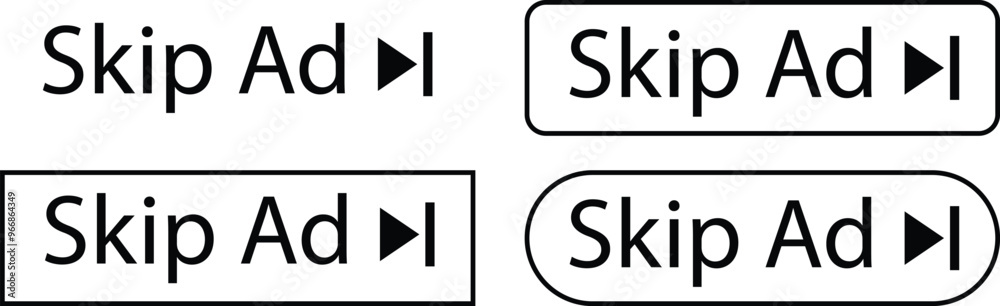 Poster set of skip ad buttons icons in trendy black line styles. skip advertisement png buttons for website