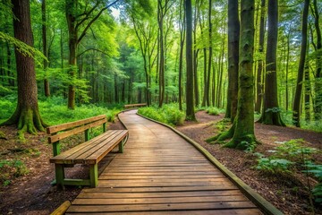 Obraz premium Scenic wooden footpath and bench in the lush forest setting