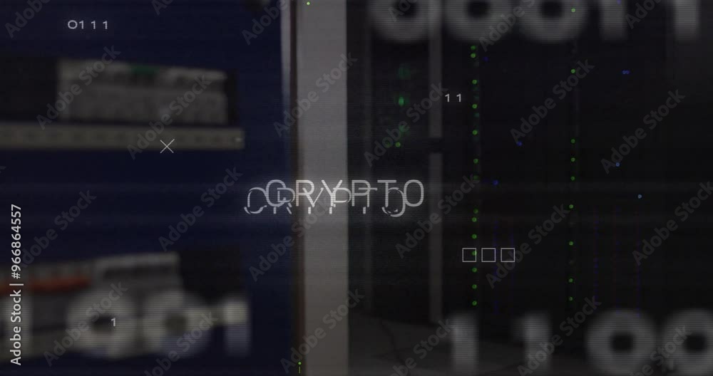 Poster animation of crypto text over data processing and server room
