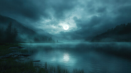 Mysterious misty lake at night with dark clouds, moonlight reflecting on calm water, surrounded by foggy mountains and forest, evoking a tranquil and eerie wilderness atmosphere