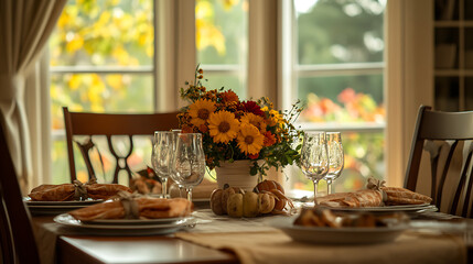 A compact dining area with a Thanksgiving table setting, featuring festive napkins, autumn flowers, and a small cornucopia 