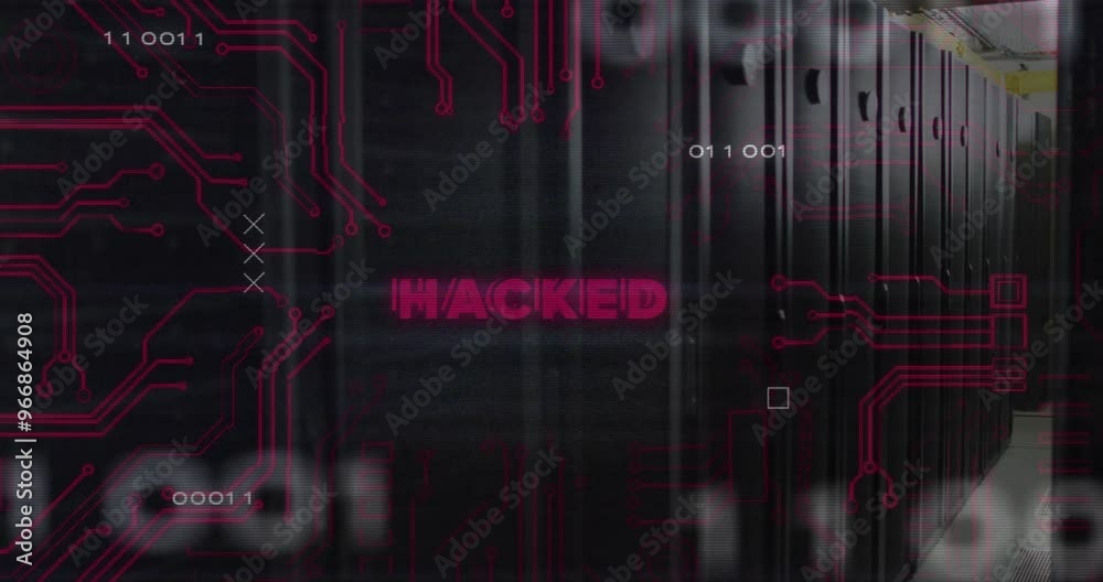Poster animation of hacked text over data processing and server room