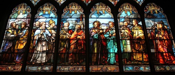 Stained Glass Window Depicting a Group of Men in Religious Robes