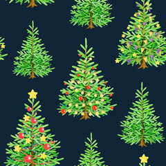 Christmas tree seamless pattern on navy color background. Painted lush fir trees with festive bright vintage style decoration. Winter holidays festive traditional decor seamless pattern element