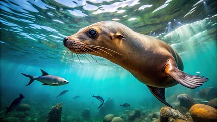 Fototapeta premium Sea lion hunting fish in Baja California