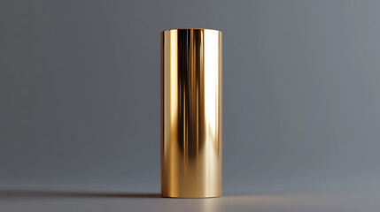 A shiny gold cylinder stands on a gray background.  It looks like a pillar, pipe, or a stand for displaying something.  This simple 3D design is perfect for representing objects in a museum.