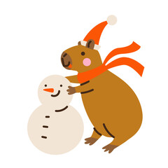 Cute capybara making snowman. Hand drawn vector illustration. Funny animal isolated on white. Naive Christmas childish design. Cool comic character, kids poster, card, social media banner.