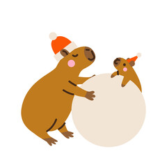 Cute capybaras making snowman. Hand drawn vector illustration. Funny animal isolated on white. Naive Christmas childish design. Cool comic character, kids poster, card, social media banner.
