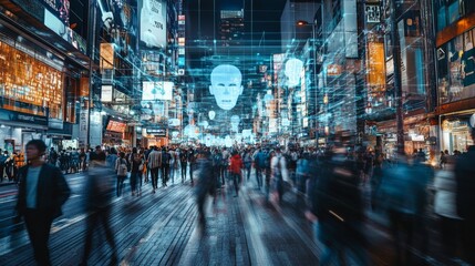 A lively city street buzzes with activity as digital overlays of facial recognition technology scan the crowd, blending modern tech with urban life in a busy metropolis