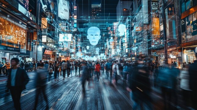 A lively city street buzzes with activity as digital overlays of facial recognition technology scan the crowd, blending modern tech with urban life in a busy metropolis