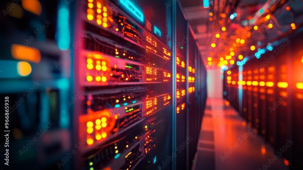 Poster rows of active servers and network devices fill the data center, their lights glowing as they work i