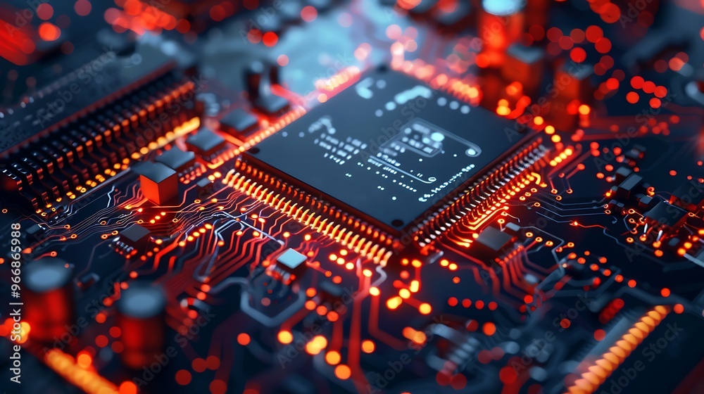 Poster close-up of a computer microchip showing the intricate circuitry and the glowing lights
