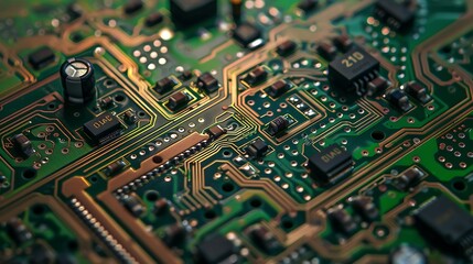 Close-up of a green circuit board, revealing the intricate network of electronic components and circuitry.