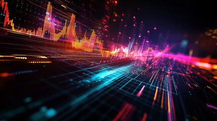 Glowing lines and colorful bars represent the dynamic movements of a stock market graph, highlighting activity and indicating growth in a vibrant digital landscape