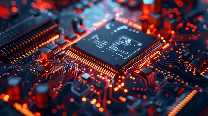 Close-up of a computer microchip showing the intricate circuitry and the glowing lights