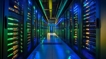 Rows of advanced servers stretch along both sides of a data center, bathed in blue and green light, showcasing an organized and efficient tech environment