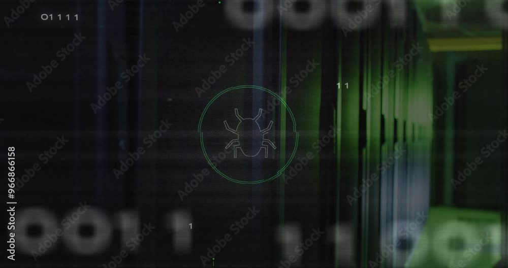 Poster animation of bug icon over data processing and server room