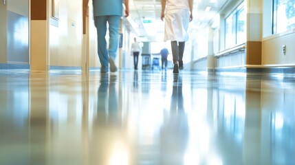 A doctor walks in the foreground of a hospital corridor, capturing the essence of a bustling healthcare setting with blurred surroundings to enhance the atmosphere