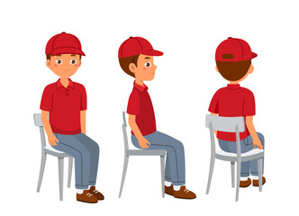 Delivery man constructor. Courier in uniform sit on chair. Kit for customization. Pack of character in various angles. Shipping and transportation. Flat vector collection