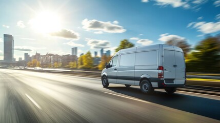 Naklejka premium A delivery van accelerates down a sunlit highway, showcasing its sleek design against a backdrop of skyscrapers and a bright blue sky with fluffy clouds