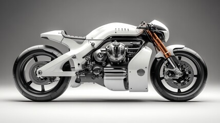 Fototapeta premium 3D Rendering of a Motorcycle with a Side Stand, Isolated on a White Studio Background. Highlighting the Motorcycle's Design and Details in a Clean, Professional Setting.