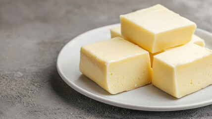 Fresh butter blocks on a plate, ideal for cooking and baking, showcasing rich texture and creamy color.