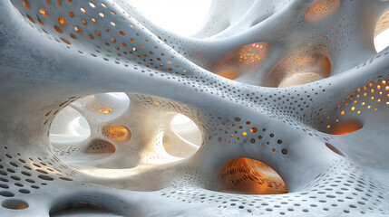 3D rendering of a technology space with multiple interconnected holes and tunnels.