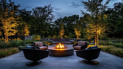 Obraz premium Plush modern chairs are thoughtfully arranged in a semicircle around a glowing fire pit, creating a cozy atmosphere in an elegant outdoor setting at dusk, surrounded by nature
