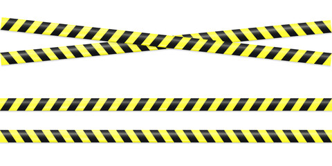 Realistic Warning tape with yellow and black diagonal stripes. Warn stop seamless line. Yellow and black caution tape border. Vector design illustration isolate on white background.