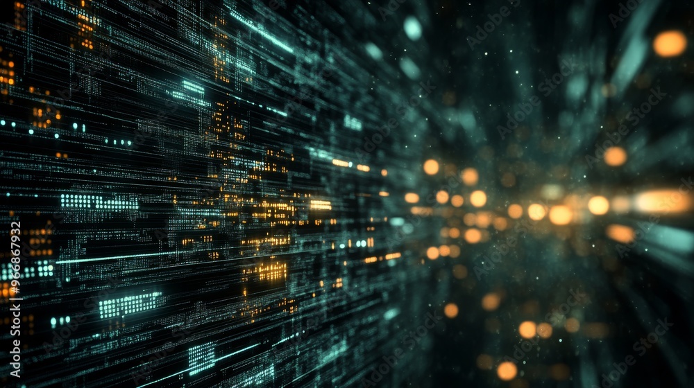 Poster a vibrant array of digital data streams expands across a dark, futuristic background, showcasing bri