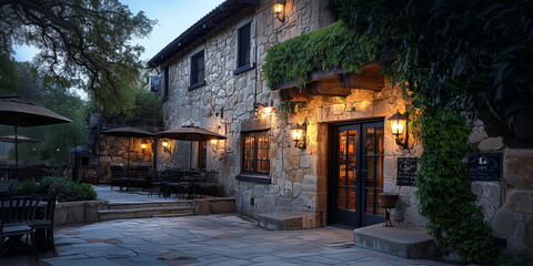 Fototapeta premium old stone villa or chateu style restaurant, bistro, or pub,