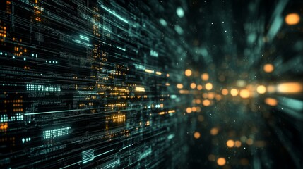 A vibrant array of digital data streams expands across a dark, futuristic background, showcasing bright codes and glowing lines of information that illuminate the space