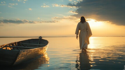 Jesus Christ walks across the calm water toward a boat as the sun sets, casting a warm glow over the serene landscape and creating a peaceful atmosphere