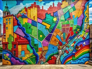 Obraz premium Vibrant street art mural depicting a colorful map of the Bronx, highlighting neighborhood boundaries and iconic landmarks, adding character to urban cityscape backdrop.