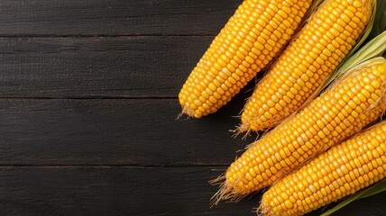 Fototapeta premium Fresh yellow corn on a rustic wooden table, highlighting its vibrant color and natural texture, perfect for culinary themes.