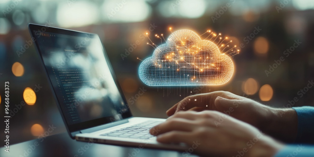 Aufkleber man use Laptop with cloud computing diagram show on hand. Cloud technology. Data storage. Networking and internet service concept