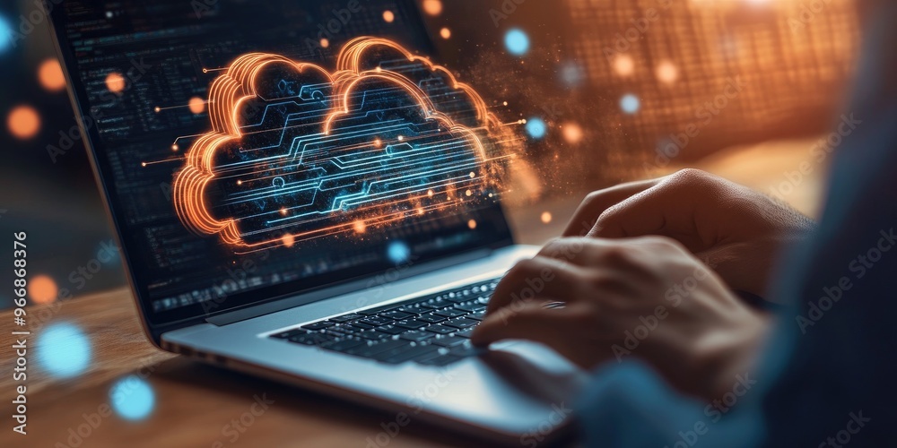 Aufkleber man use Laptop with cloud computing diagram show on hand. Cloud technology. Data storage. Networking and internet service concept