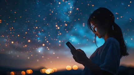 Girl Using A Mobile Phone in Starry night - stock photo Starry night Milky way Girl Using Smartphone Woman Texting On The Phone Girl Taking Picture With Cell Phone