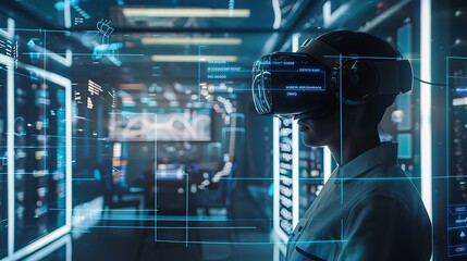 person wearing a VR headset explores a futuristic data center with a blue screen displaying data visualizations depicting the future of virtual reality technology.