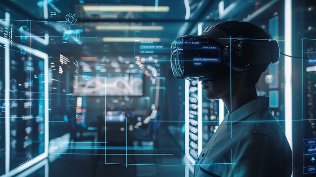 person wearing a VR headset explores a futuristic data center with a blue screen displaying data visualizations depicting the future of virtual reality technology.