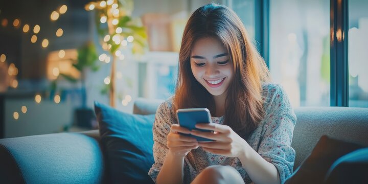 Social media and digital online concept, woman using smart phone. The concept of living on vacation and playing social media. Social Distancing ,Working From Home concept