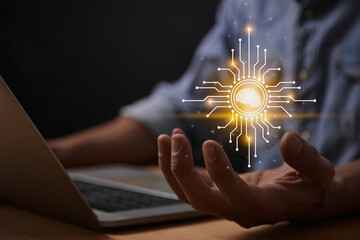 Yellow Ai Artificial Intelligence Technology Concept. Brain and Circuit Line Ai Artificial Intelligence Icon on Businessman's Hand work With Laptop Computer